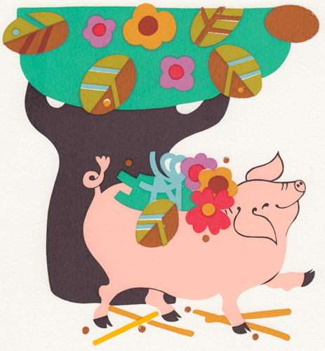 Mary Maki Rae original serigraph [happy pig in front of colorful tree]